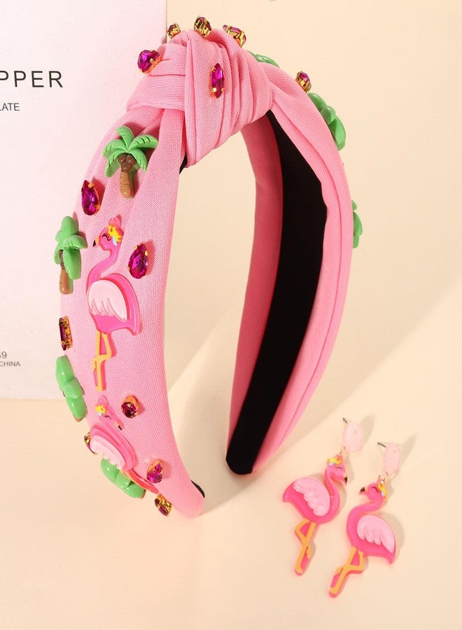 YAHPERN Jeweled Tropical Beach Vacation Flamingo Knotted Headband with Rhinestone Crystals and Wide Top Knot for Women (Flamingo 2) - Image 5